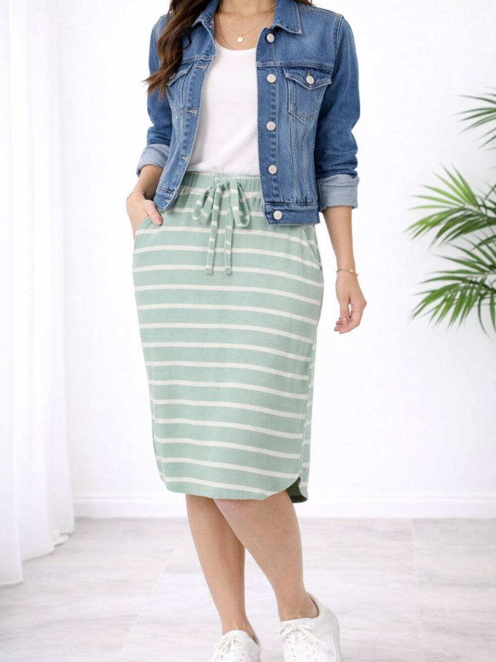 Sage Green & Ivory Striped Drawstring Midi Skirt | Pocket Casual Stretch Skirt
